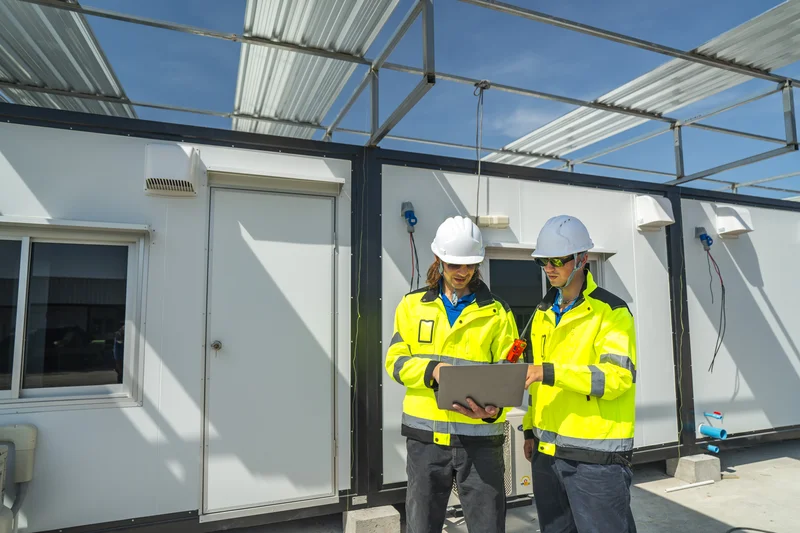 Two workers in hi-vis and hard hats review a facility together beside a glazed building frontage.
