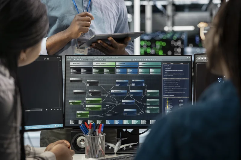 A laptop displays an operations dashboard.